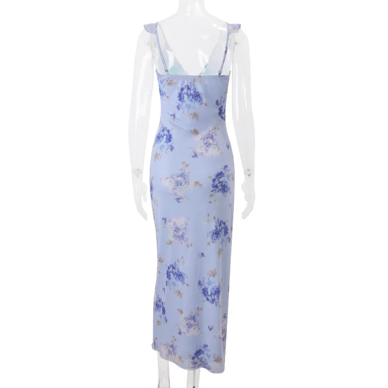 Floral Plunge Backless Maxi Dress