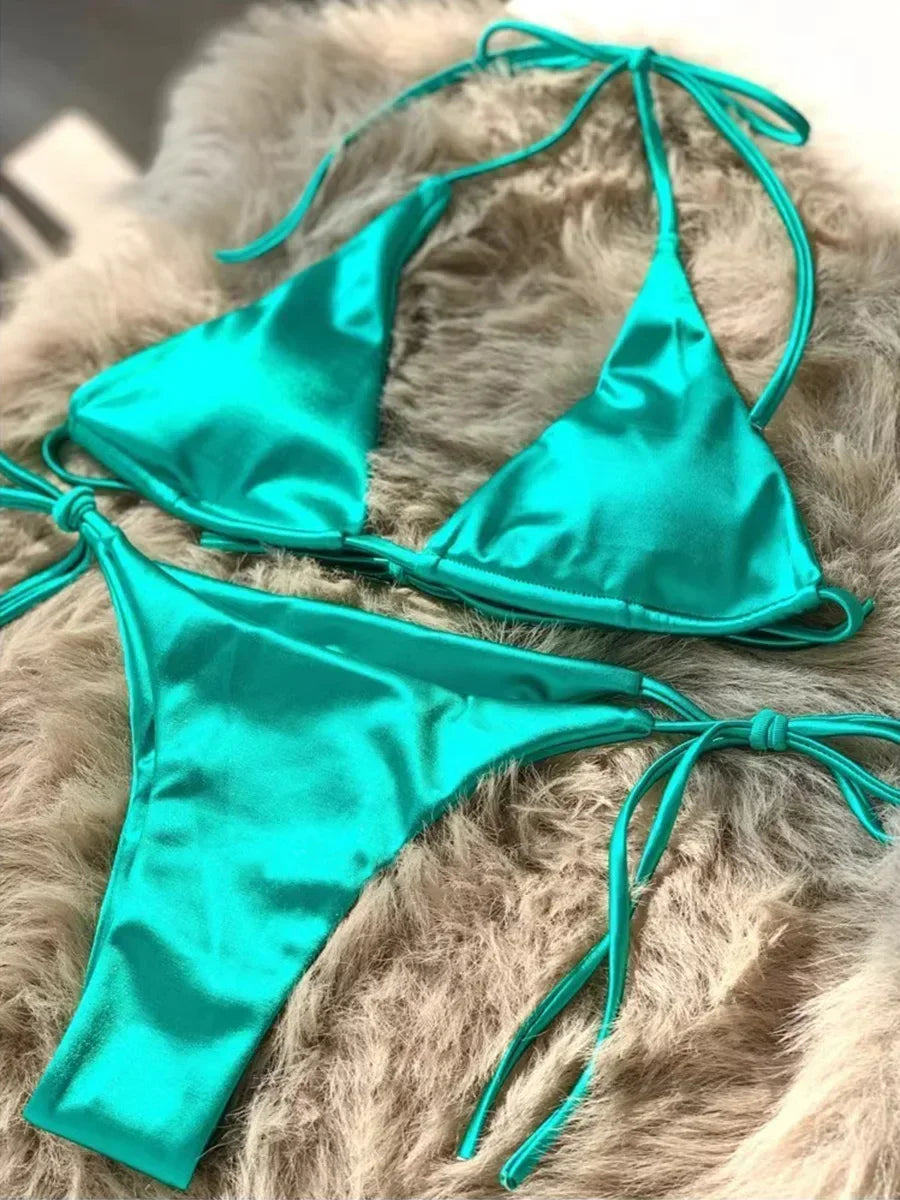 Metallic Satin Halter Bikini