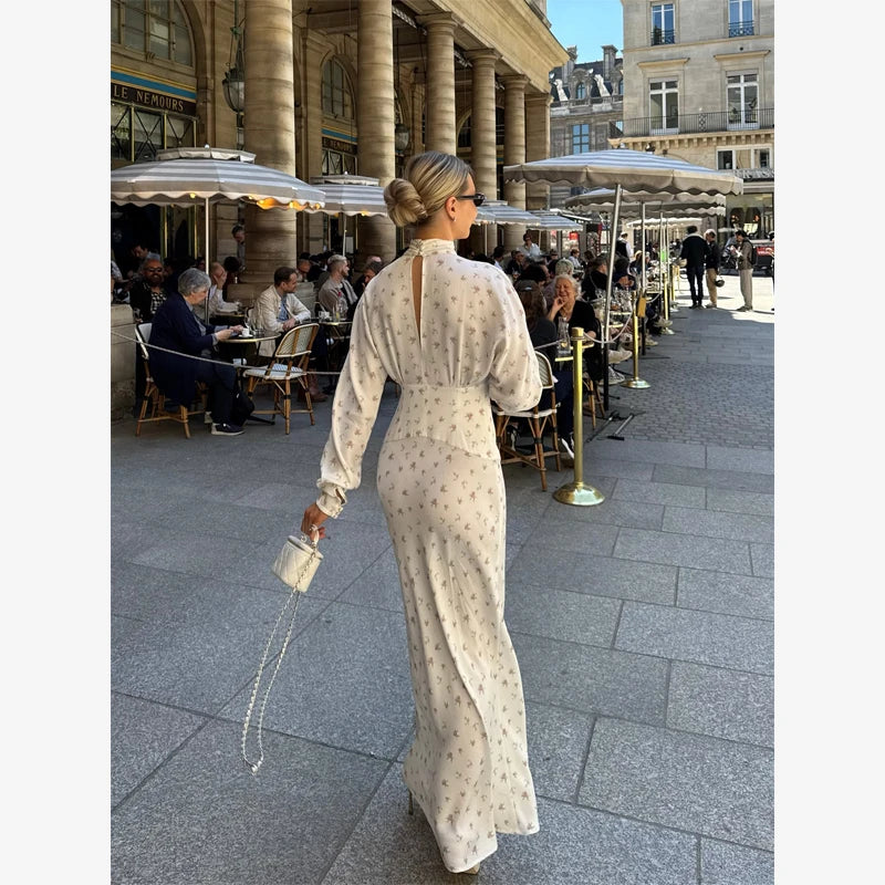 Organza Floral Puff-Sleeve Maxi Dress